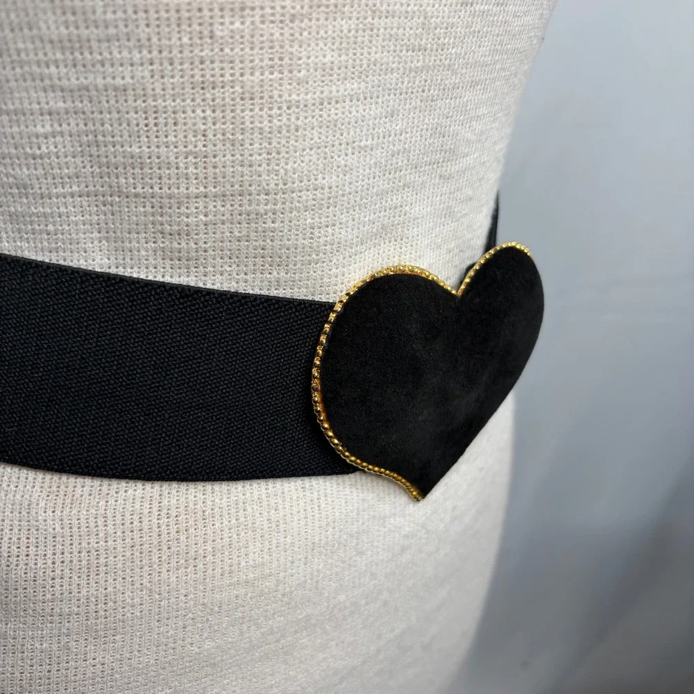 Vintage Style Black Elastic Cinch Belt Gold Beaded Velvet Heart Buckle 26 Inch